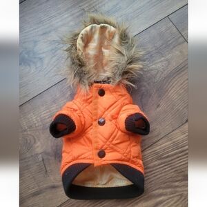 Dog Harness Jacket Orange Quilted Hood W Fur Trim Snap Close XS